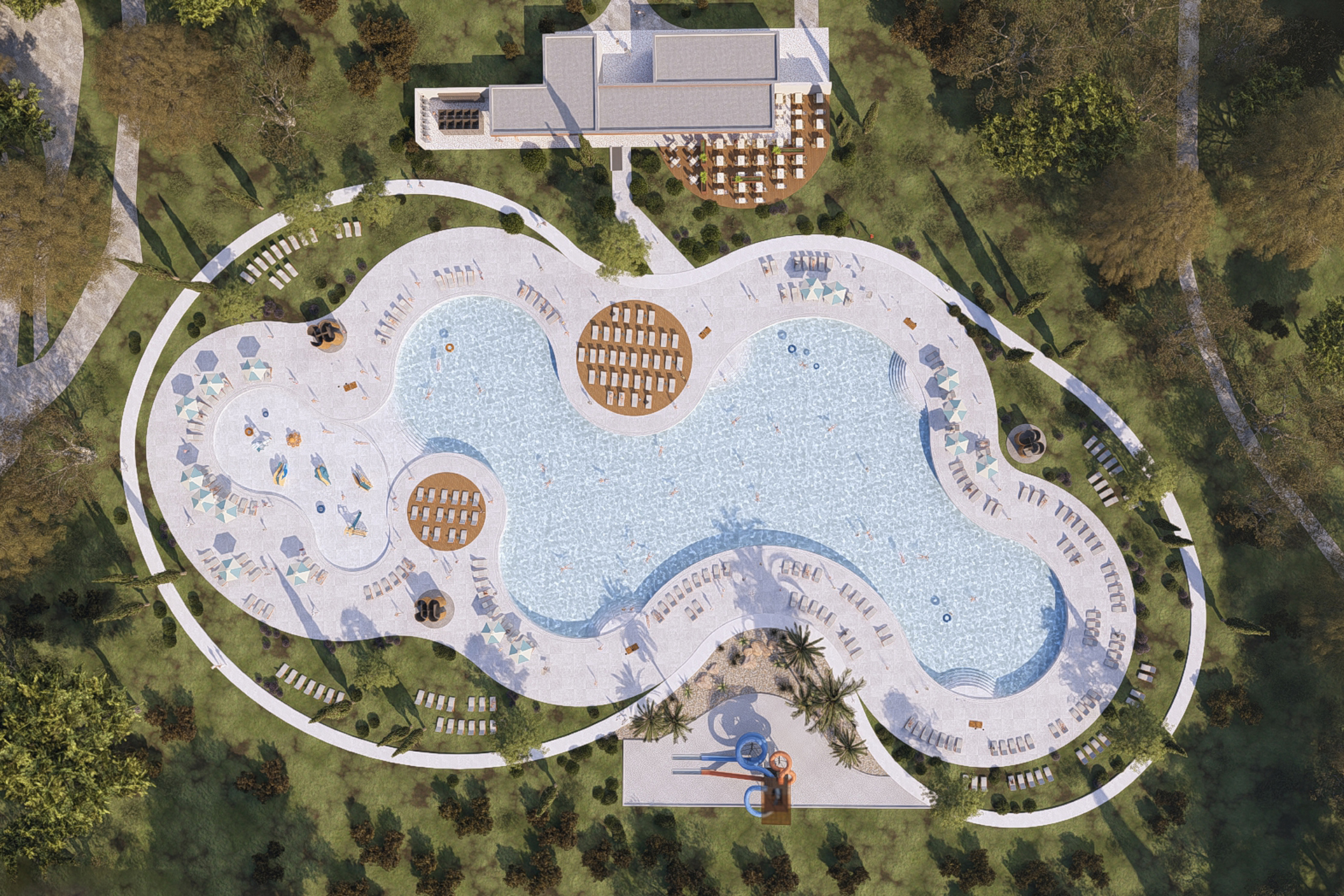 Aerial view of a newly designed swimming pool complex at Zaton Holiday Resort, set to open in 2025. Aerial view of a newly designed swimming pool complex at Zaton Holiday Resort, set to open in 2025.